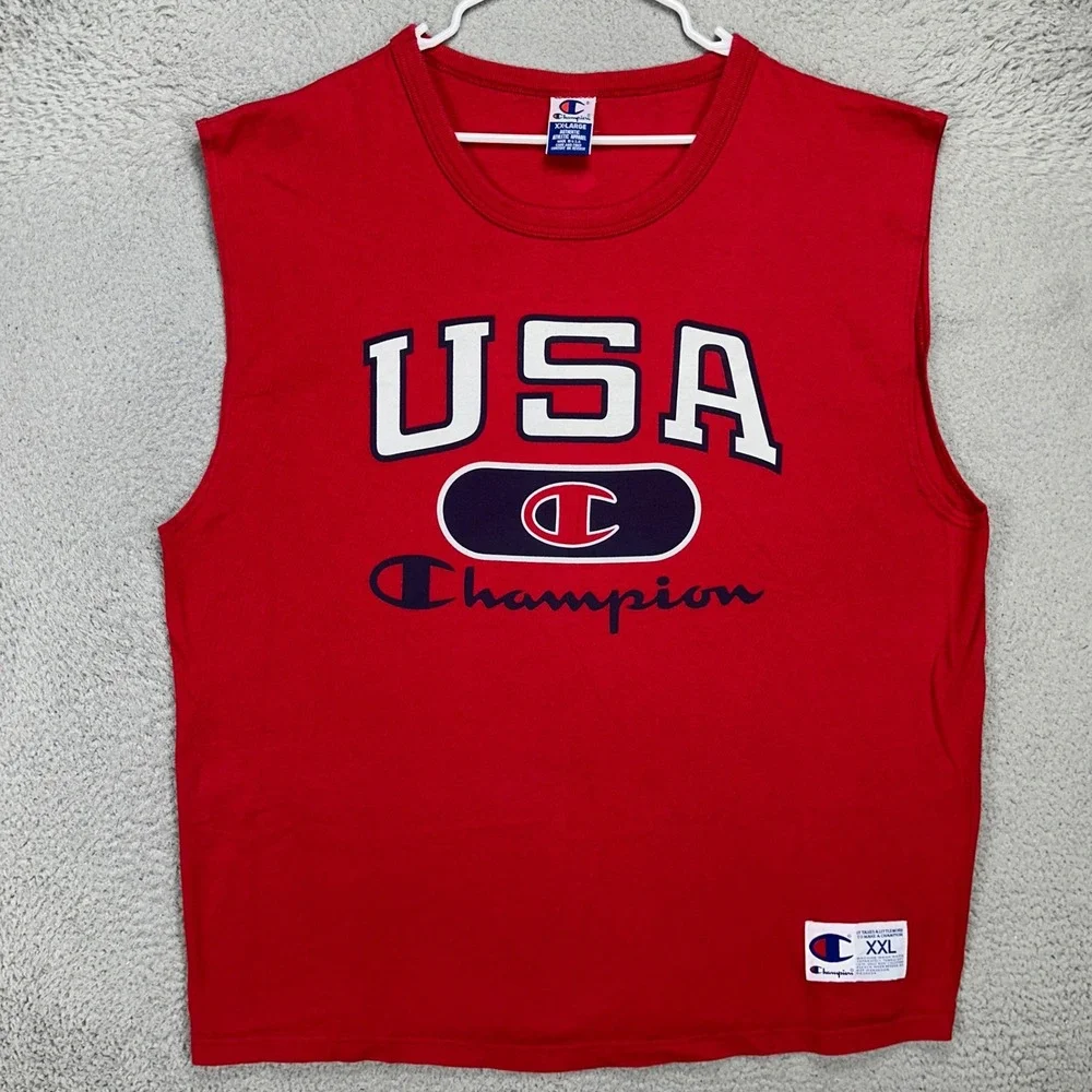 VINTAGE‎ Champion USA Adult Mens Sleeveless Shirt 2XL Red Freedom Made In USA - Picture 2 of 9
